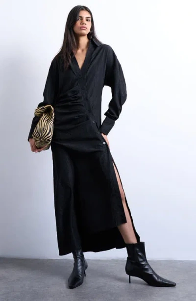 Topshop Long Sleeve Textured Shirtdress In Black