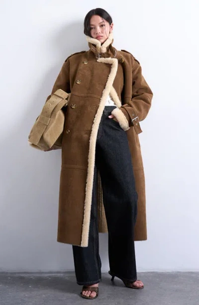 Topshop Longline Aviator Faux Shearling Coat In Brown