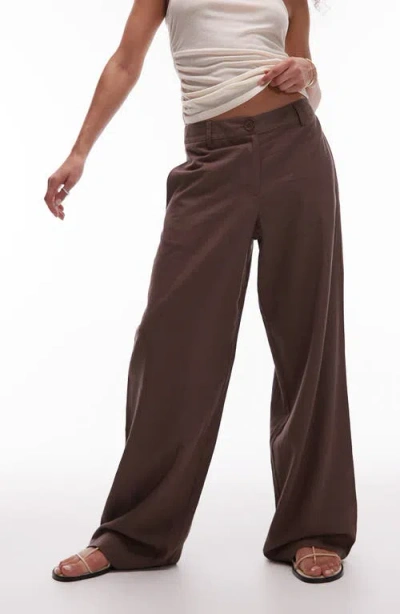 Topshop Low Slung Linen Blend Wide Leg Pants In Brown