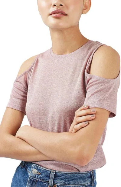 Topshop Metallic Cold Shoulder Top In Pink