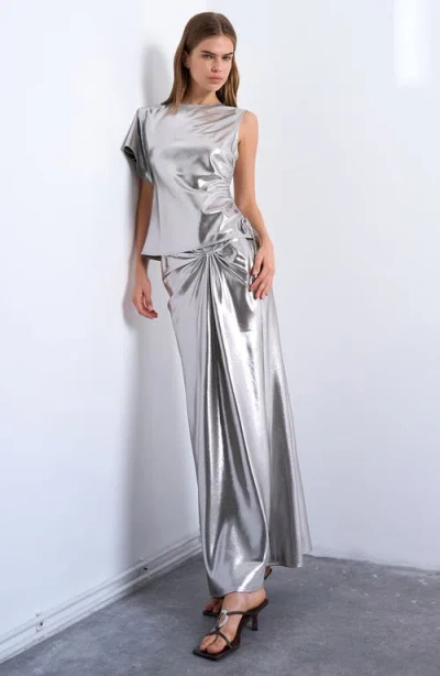 Topshop Metallic Knot Midi Skirt In Gray
