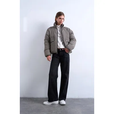 Topshop Micro Check Puffer Bomber Jacket In Black