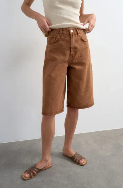 Topshop Mid Rise Denim Bermuda Shorts In Brown