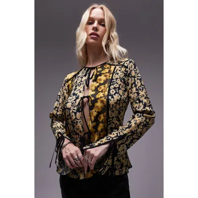 Topshop Mixed Floral Print Tie Front Top In Yellow Multi