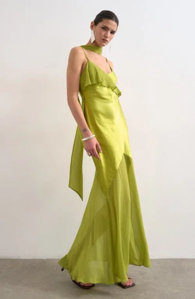 Topshop Mixed Fabric Ruffle Detail Maxi Slip Dress In Green