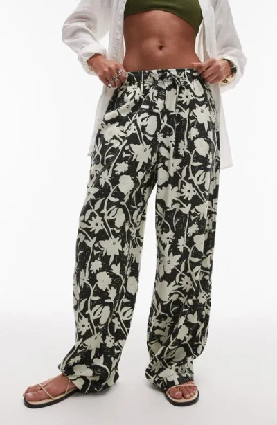 Topshop Mono Floral Wide Leg Drawstring Pants