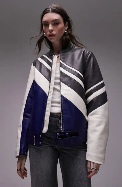 Topshop Motocross Colourblock Faux Leather Jacket In Black Multi