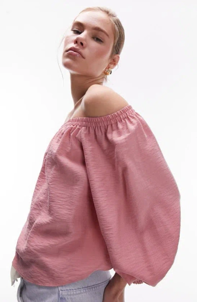 Topshop Balloon Sleeve Bardot Top In Dusky Pink