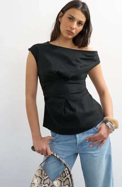 Topshop Off The Shoulder Ruched Pleat Waist Top In Black