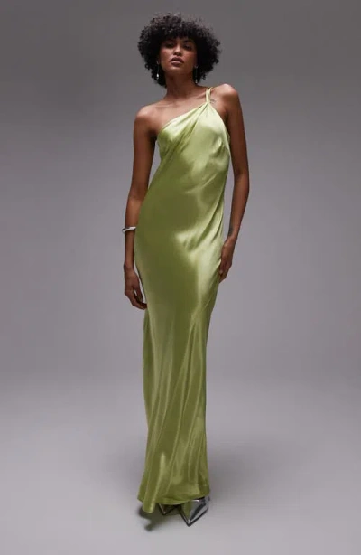 Topshop One-shoulder Satin Maxi Dress In Green