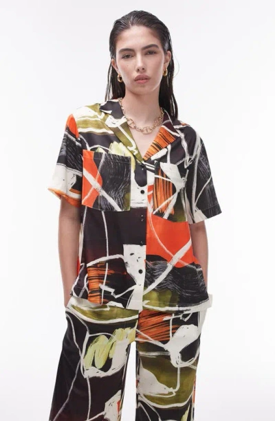 Topshop Oversize Abstract Print Satin Button-up Shirt In Black Multi