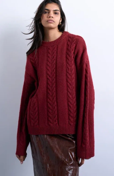 Topshop Oversize Cable Sweater In Burgundy