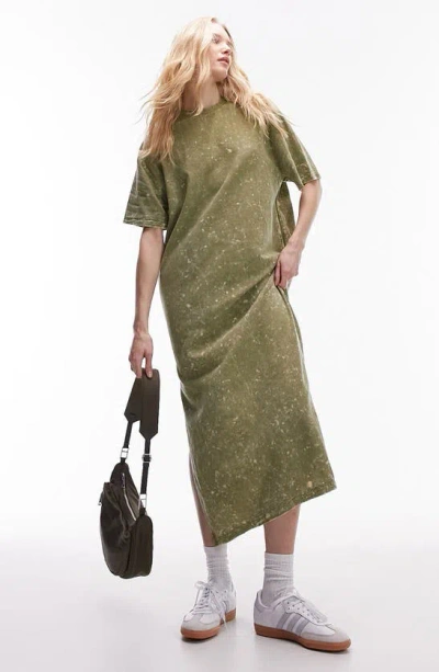 Topshop Oversize Cotton & Linen T-shirt Dress In Mid Green