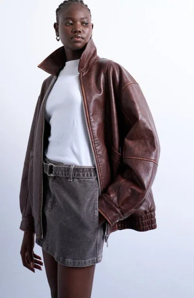 Topshop Oversize Faux Leather Bomber Jacket In Brown