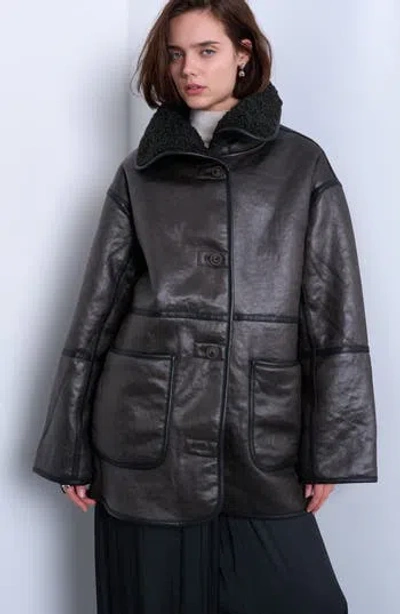 Topshop Oversize Faux Leather Car Coat With Faux Shearling Lining In Black