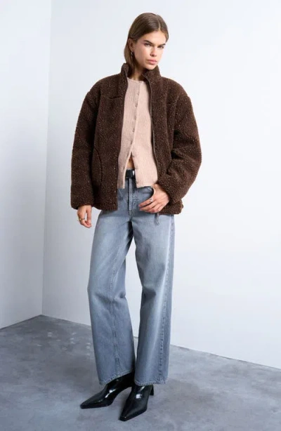 Topshop Oversize Fleece Jacket In Brown