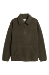 Topshop Borg Oversize Half Zip Textured Fleece Pullover In Dark Green