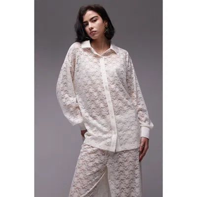 Topshop Lace Oversized Shirt In Ecru - Part Of A Set-white