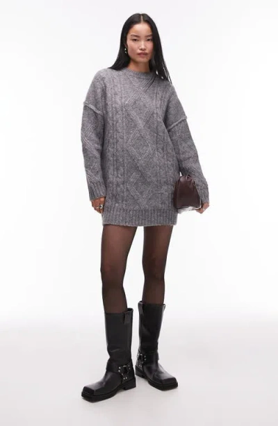 Topshop Oversize Long Sleeve Knit Minidress In Grey