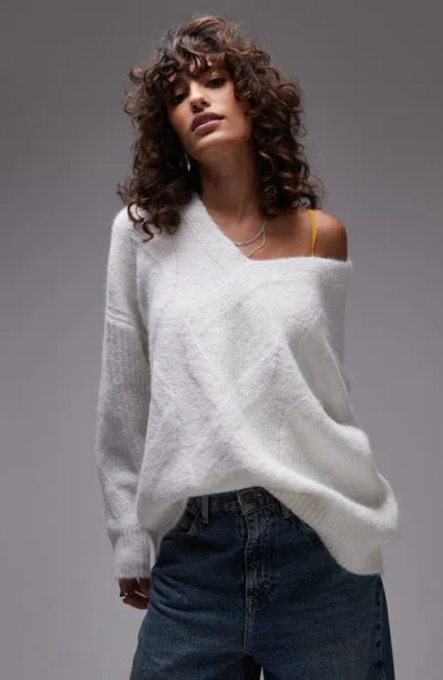 Topshop Oversize Off The Shoulder V-neck Sweater In Ivory