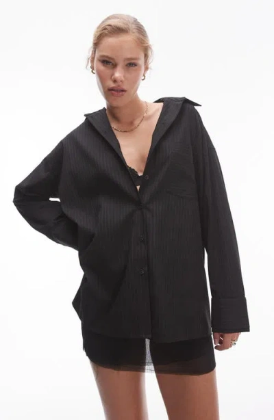 Topshop Oversize Pinstripe Button-up Shirt In Black