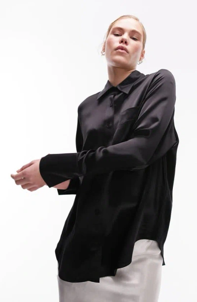 Topshop Oversize Satin Button-up Shirt In Black