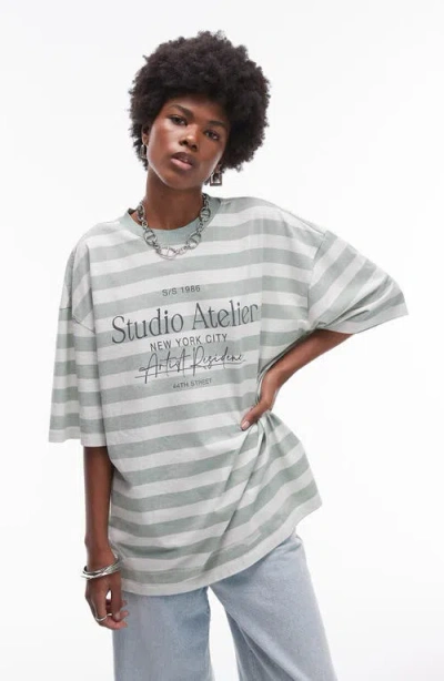 Topshop Oversize Stripe Atelier Cotton Graphic T-shirt In Gray