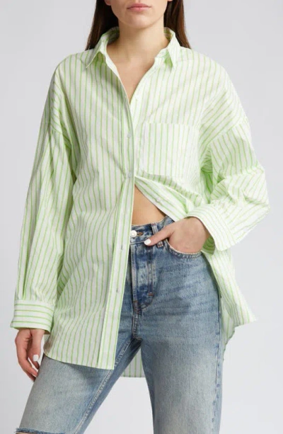 Topshop Oversize Stripe Cotton Button-up Shirt In Medium Green