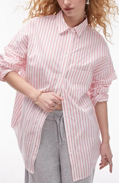 Topshop Oversize Stripe Cotton Button-up Shirt In Pink