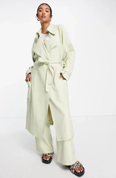 Topshop Oversize Tie Waist Trench Coat In Light Green