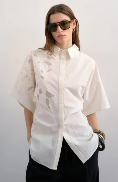 Topshop Oversized Floral Cutwork Button-up Top In White