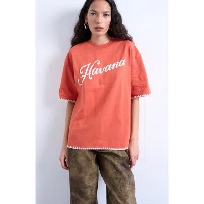 Topshop Oversized Havana Graphic Whipstitch Trim T-shirt In Orange