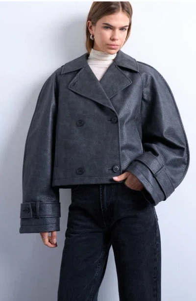 Topshop Ovoid Sleeve Short Faux Leather Trench Coat In Black