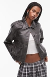 Topshop Faux Leather Cropped Button Thru Patch Pocket Bomber Jacket