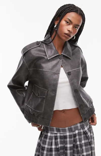 Topshop Faux Leather Cropped Button Thru Patch Pocket Bomber Jacket In Brown