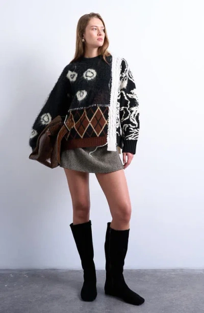 Topshop Patchwork Intarsia & Argyle Sweater In Black