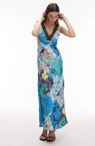 Topshop Midi Lace Insert Slip Dress In Abstract Print-multi
