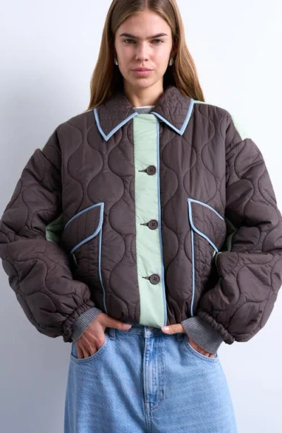 Topshop Patchwork Quilted Shacket With Contrast Piping In Blue