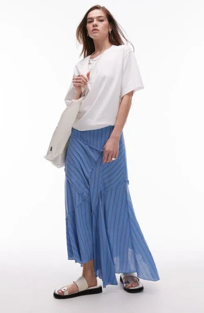 Topshop Patchwork Stripe Asymmetric Maxi Skirt In Medium Blue