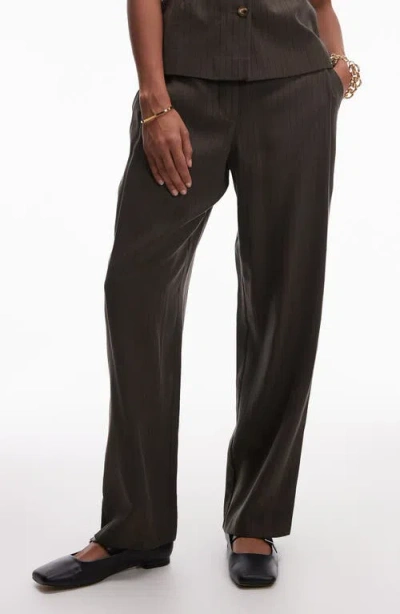 Topshop Pinstripe Pull-on Straight Leg Pants In Brown