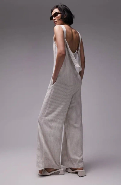 Topshop Pinstripe Tie Strap Wide Leg Jumpsuit In Cream Multi