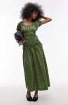 Topshop Plaid Ruched Cotton Maxi Dress In Mid Green