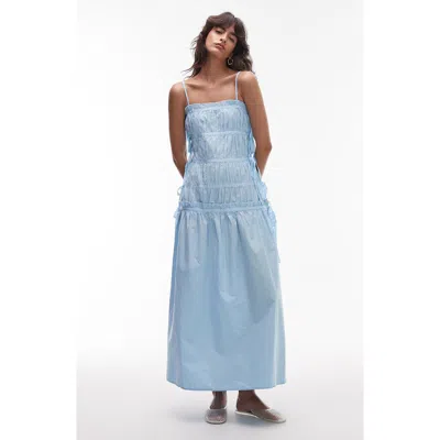 Topshop Pleat Detail Cotton Maxi Sundress In Blue