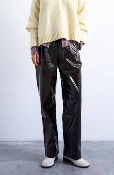 Topshop Pleat Front Straight Leg Faux Leather Pants In Brown