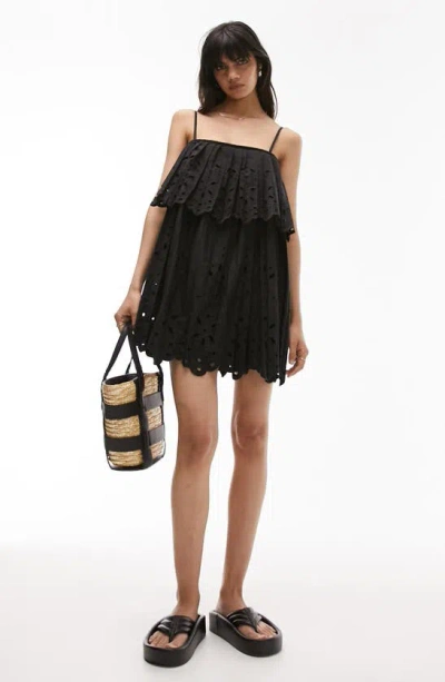 Topshop Strappy Pleated Broderie Mini Dress In Black