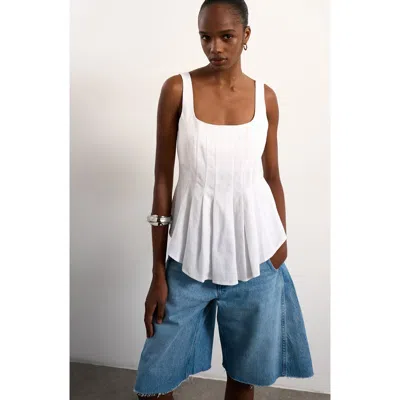 Topshop Pleated Curve Hem Linen Blend Top In White