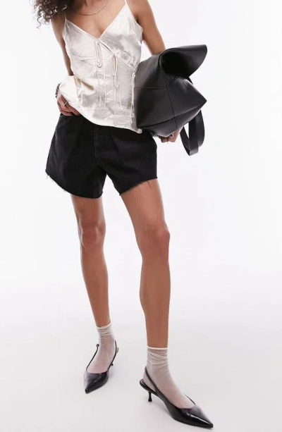 Topshop Pleated Denim Shorts In Black