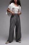 Topshop Pleated High Waist Wide Leg Trousers In Gray