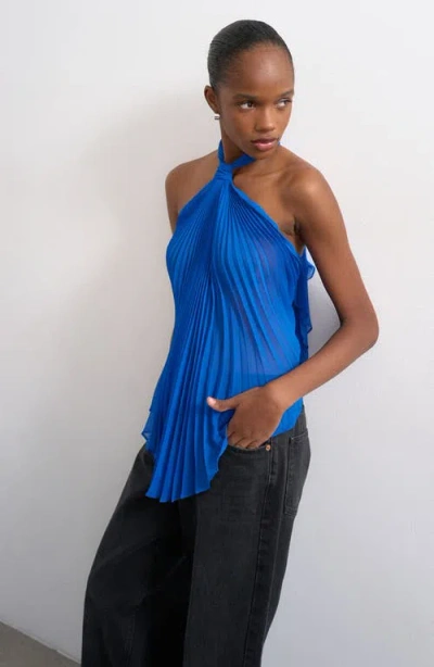 Topshop Knot Halter Top With Pleated Fabric In Blue