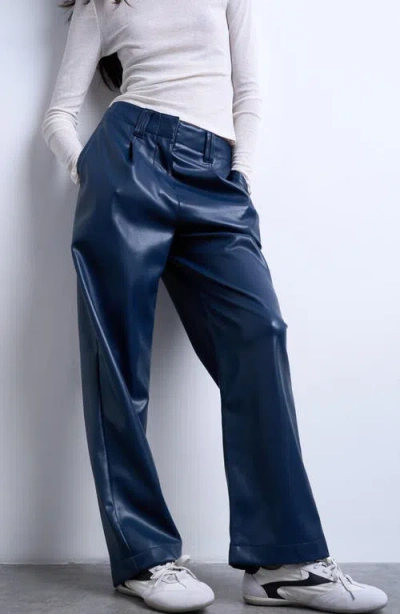 Topshop Pleated Straight Leg Pants In Blue